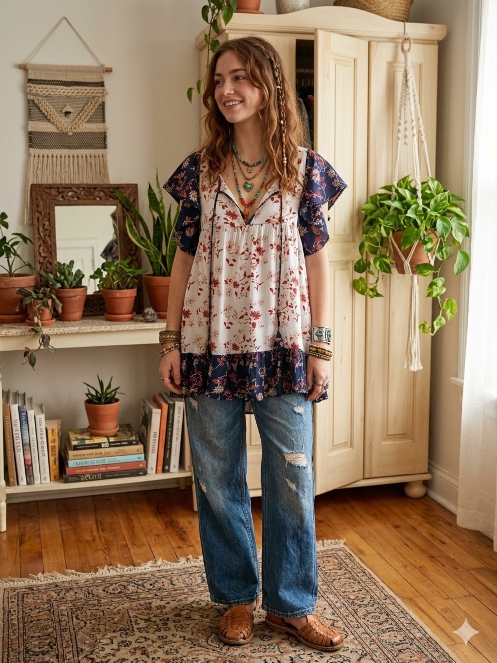 Boho Babydoll Top Womens M Contrast Floral Navy Ivory Ruffle Tie Front Viscose